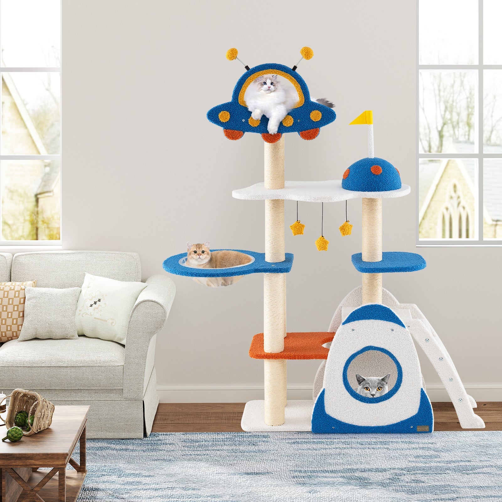 Space Theme Cat Tree Multi-level Cat Tower with Sisal Covered Scratching Posts-Multicolor