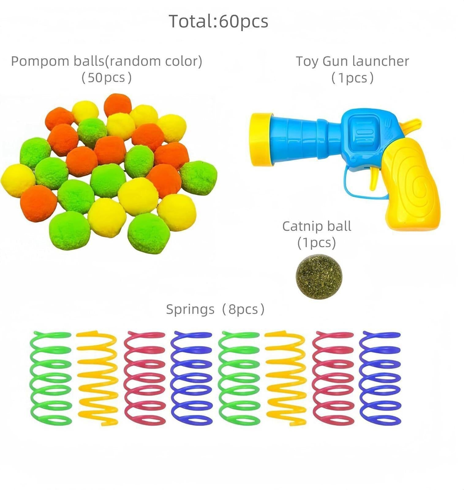 Cat Ball Gun Launcher Toy with 30pcs Colorful Stretch Plush Pom Pom Ball