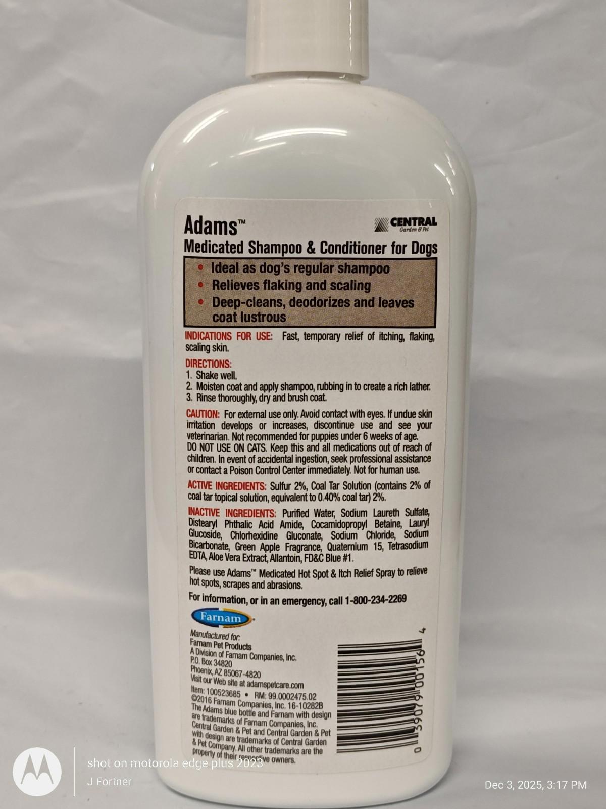 Adams Medicated Shampoo & Conditioner for Dogs 12 oz Sulfa/Coal Tar solution