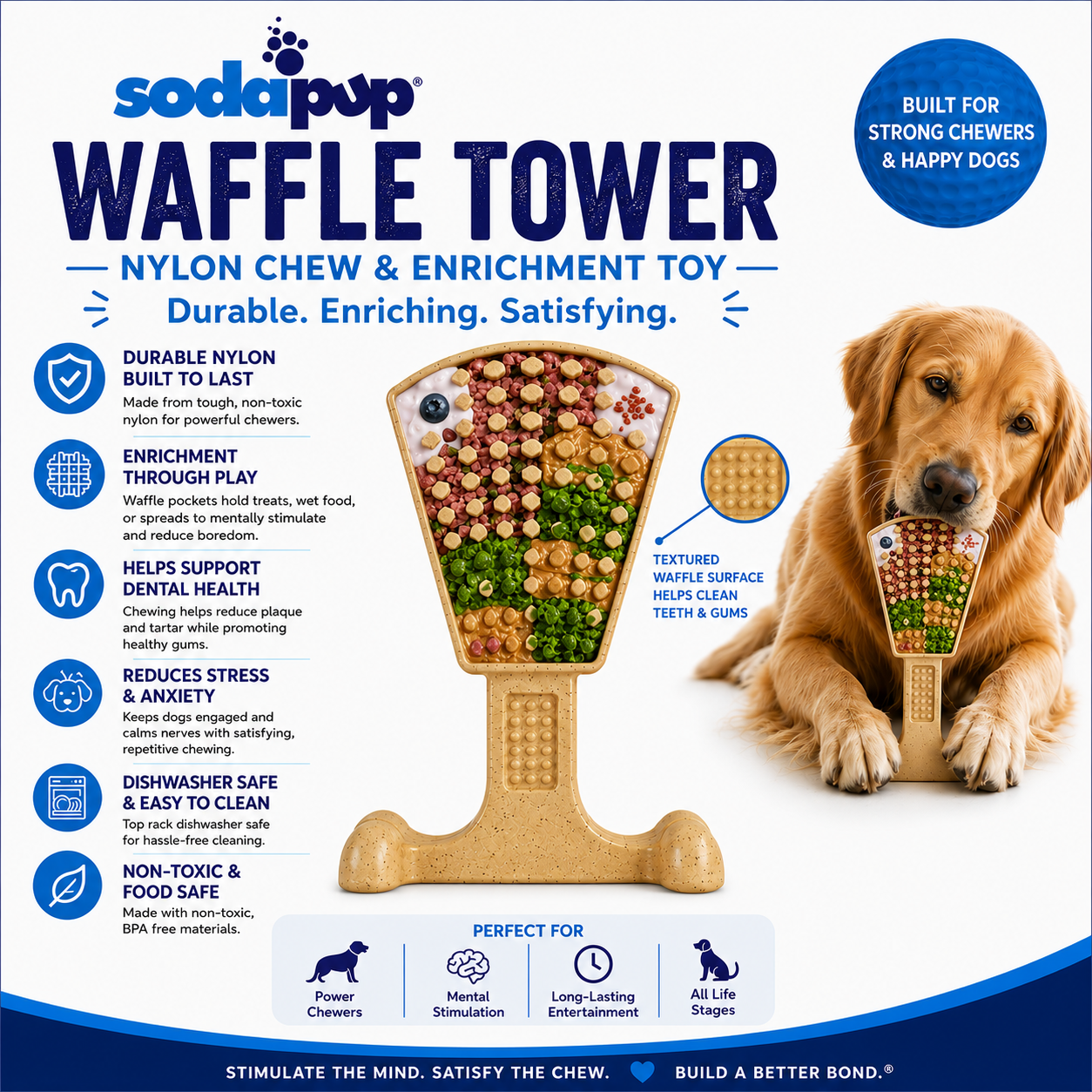 Waffle Tower Nylon Chew & Enrichment Toy | 2-in-1 for Aggressive Chewers | SodaPup