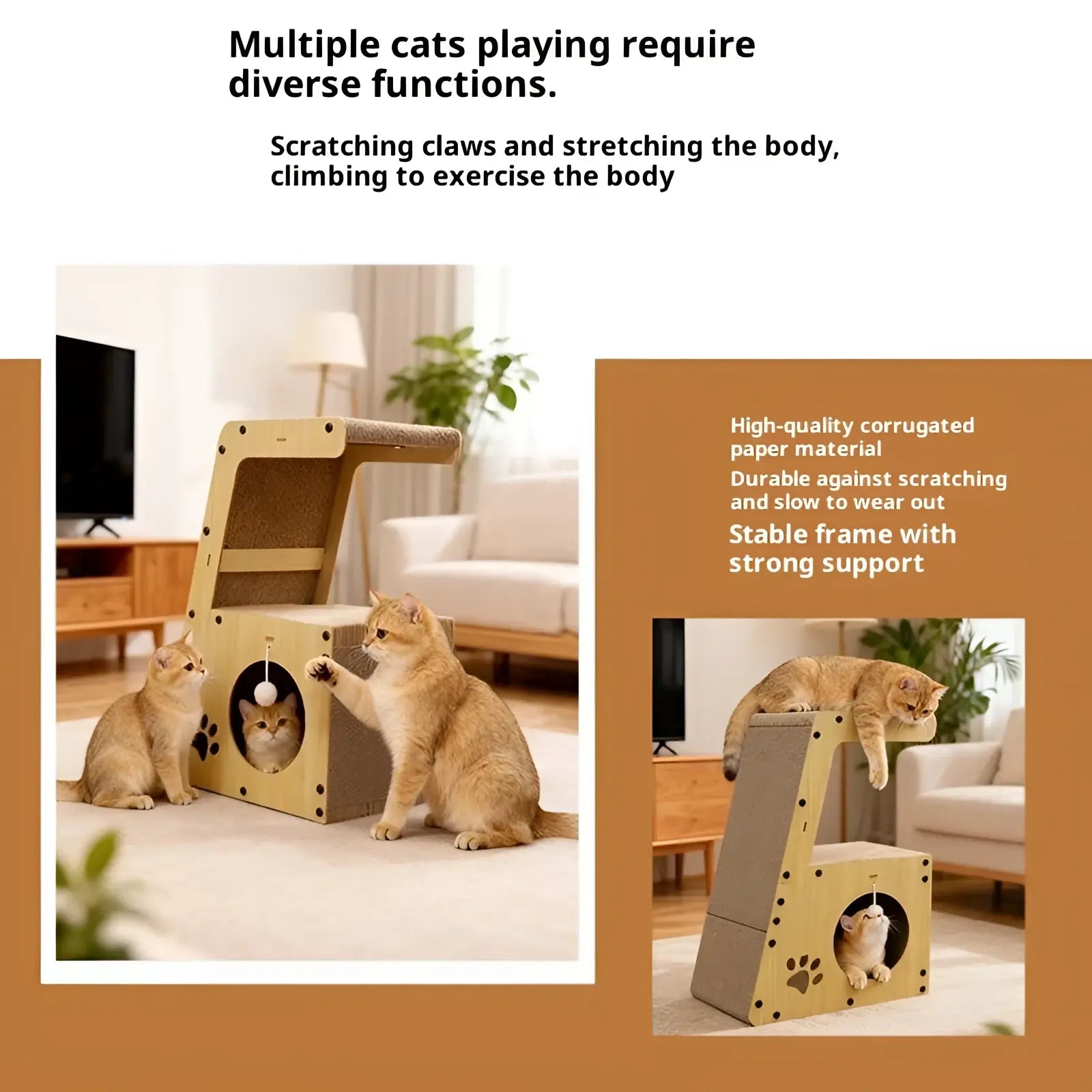 Cat Scratching Post Bed with Tunnel and Pom-pom