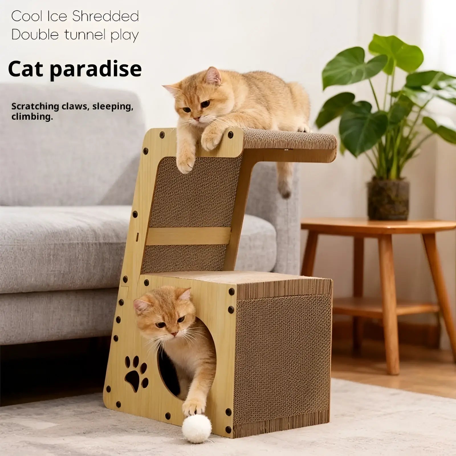 Cat Scratching Post Bed with Tunnel and Pom-pom