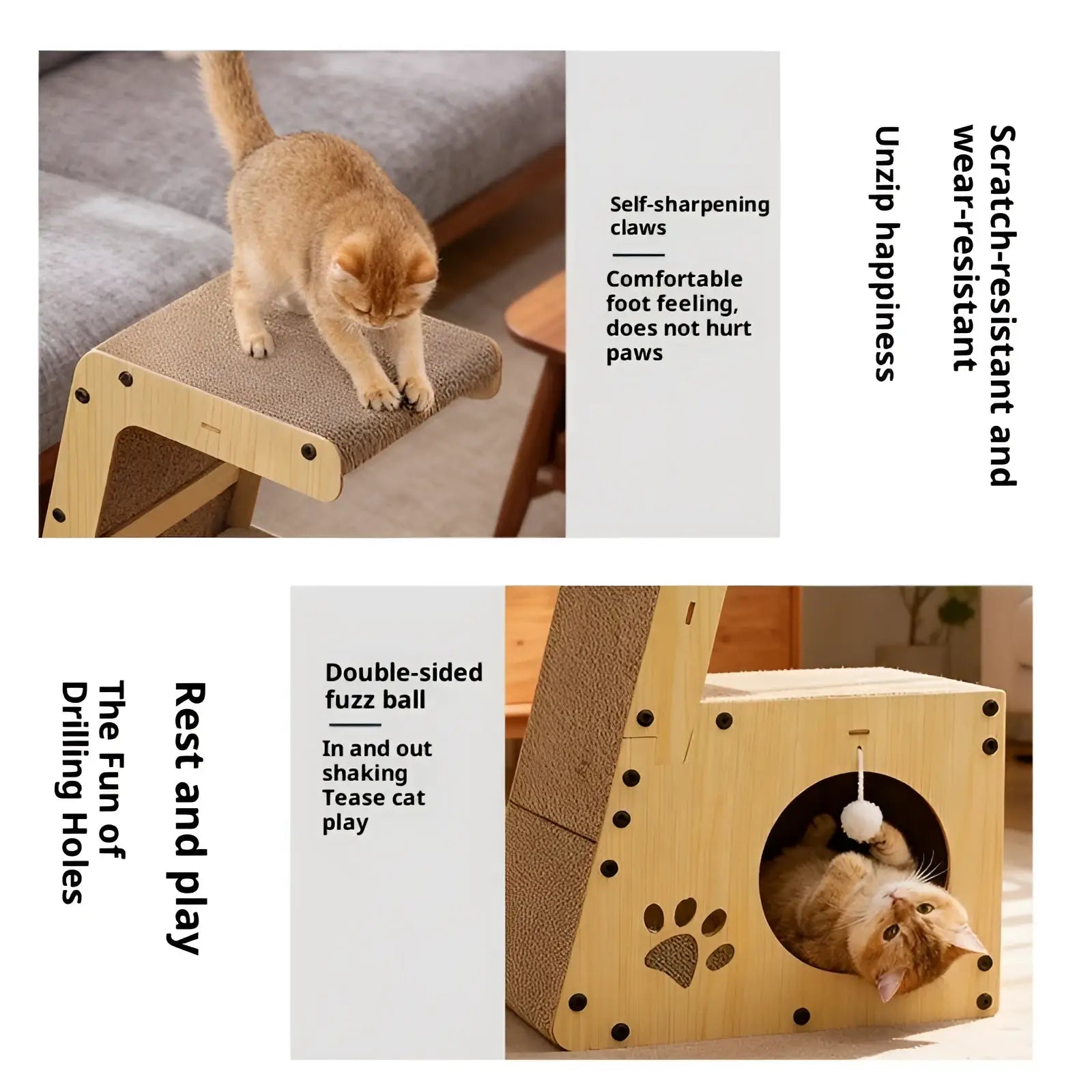 Cat Scratching Post Bed with Tunnel and Pom-pom