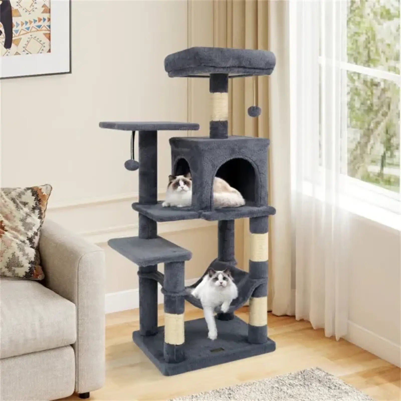 Cat Tree 44 Inch Multi Level Condo with Hammock Gray