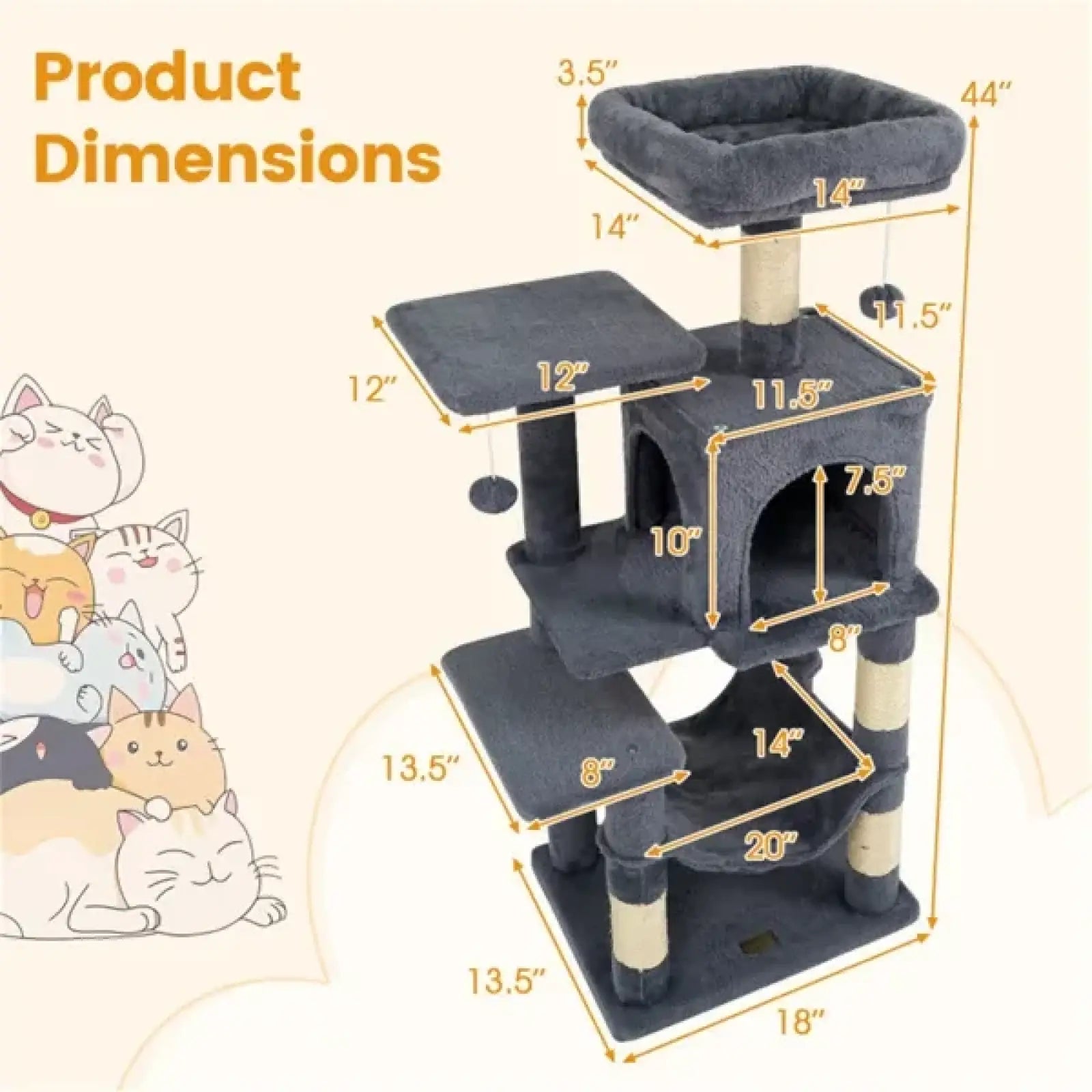 Cat Tree 44 Inch Multi Level Condo with Hammock Gray