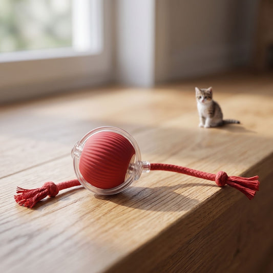 Macro view of a small silicone cat interactive ball with faux tail resting on a wooden surface, highlighting texture and size.