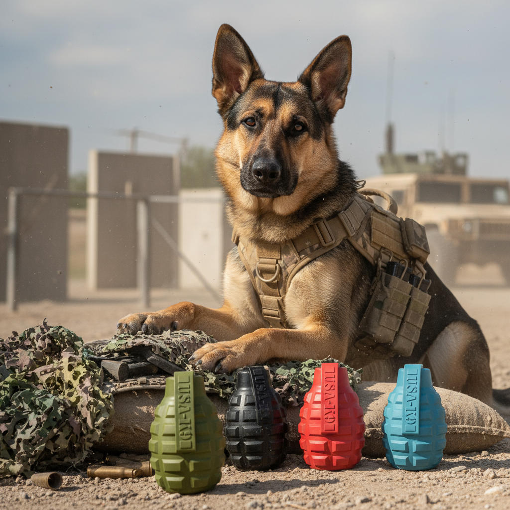 USA-K9 Grenade Rubber Dog Chew Toy | K9 Handler eDispenser Toy | Red & Blue | USA Made
