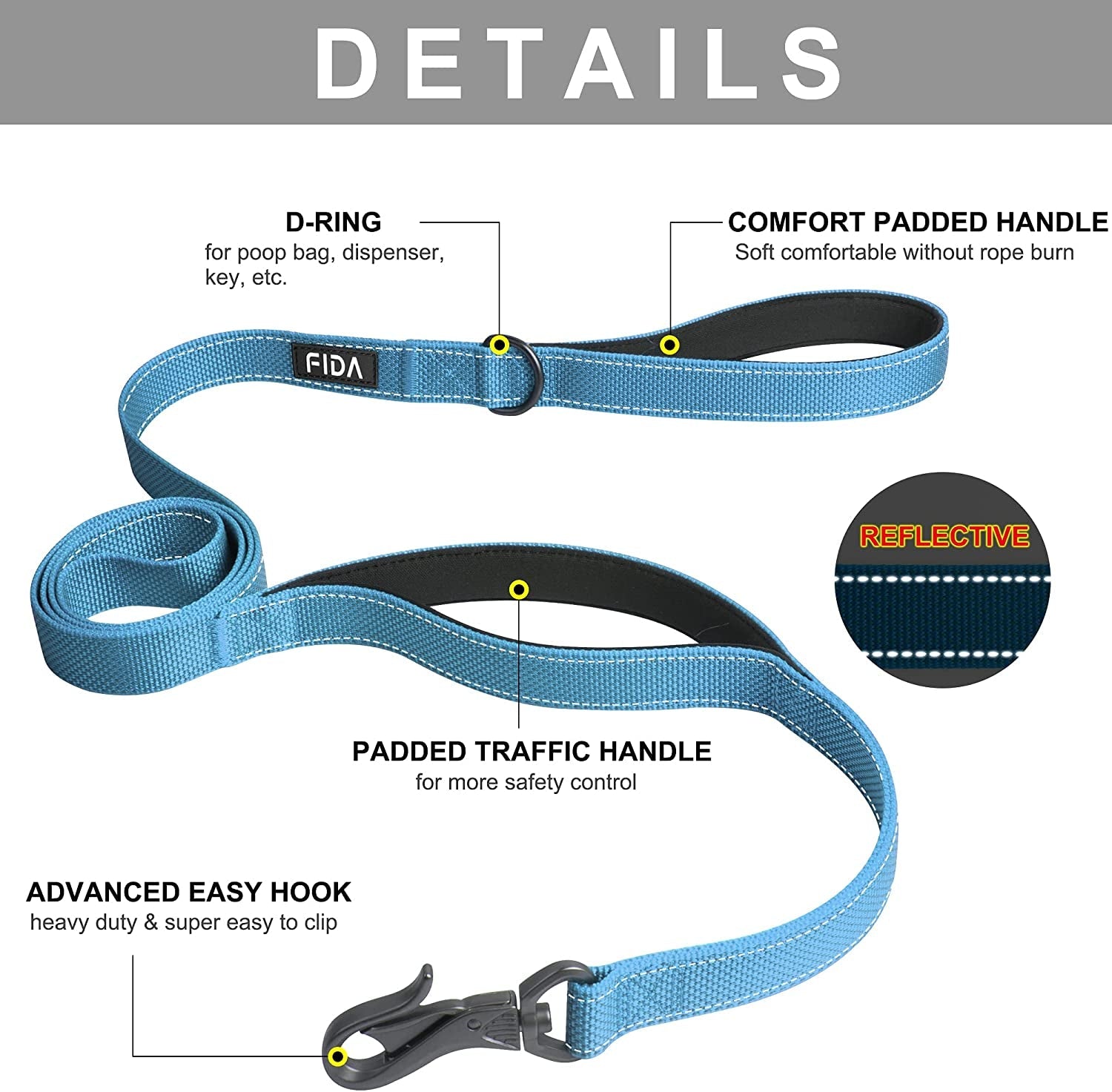 5 FT Heavy Duty Dog Leash with 2 Comfortable Padded Handles