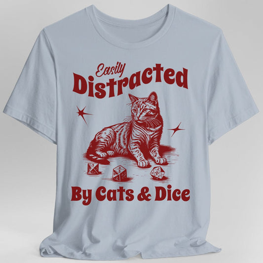 Easily Distracted By Cats & Dice T-Shirt - Gamer Cat Graphic