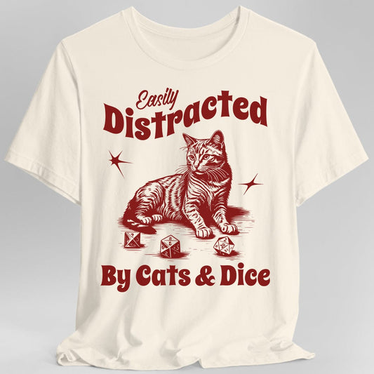 Easily Distracted By Cats & Dice T-Shirt - Gamer Cat Graphic