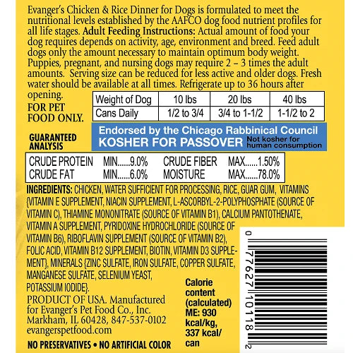 Evanger's Classic All Life Stages Chicken & Rice Wet Dog Can (12.5oz)