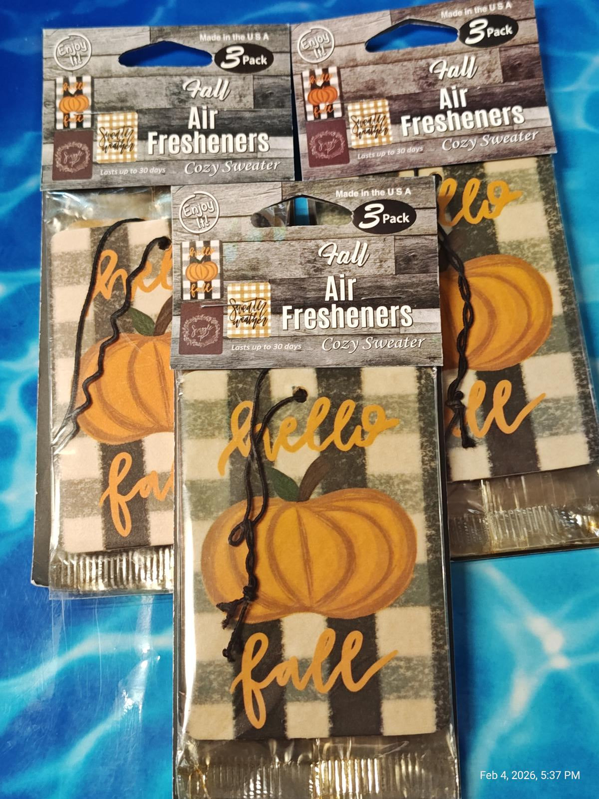 Hello Fall (Cozy Sweater) Air Fresheners (3) 3 Packs Brand New  9 Total