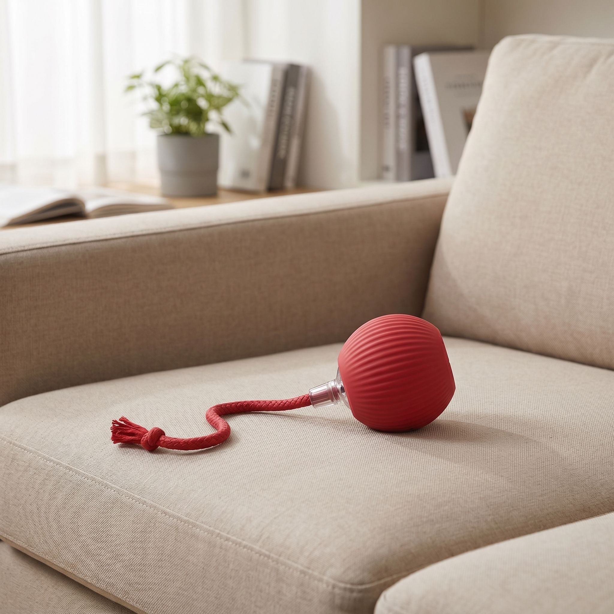 Full view of a tiny silicone cat interactive ball with faux tail on a fabric sofa cushion, showing its shape and indoor setting.