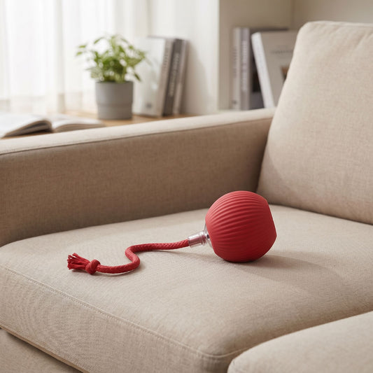 Full view of a tiny silicone cat interactive ball with faux tail on a fabric sofa cushion, showing its shape and indoor setting.