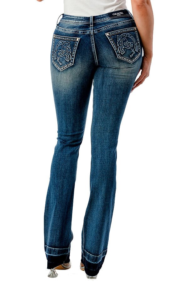 Grace in LA Women's Western 3D Horse Mid Rise Bootcut Jeans