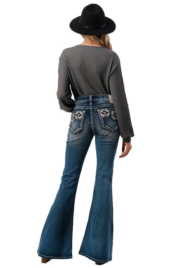 Grace in LA Women's Western Aztec Embellished Mid Rise Flare Jeans