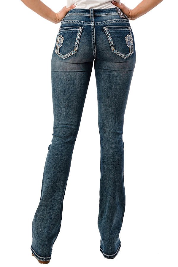 Grace in LA Women's Western Cactus Embellished Mid Rise Bootcut Jeans