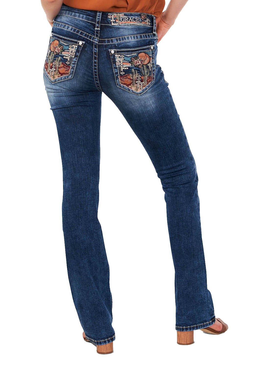 Grace in LA Women's Western Cactus Scene Embroidered Mid Rise Bootcut Jeans