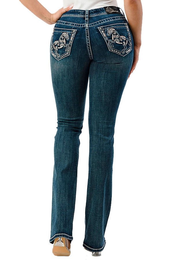 Grace in LA Women's Western Horse Embroidered Mid Rise Bootcut Jeans