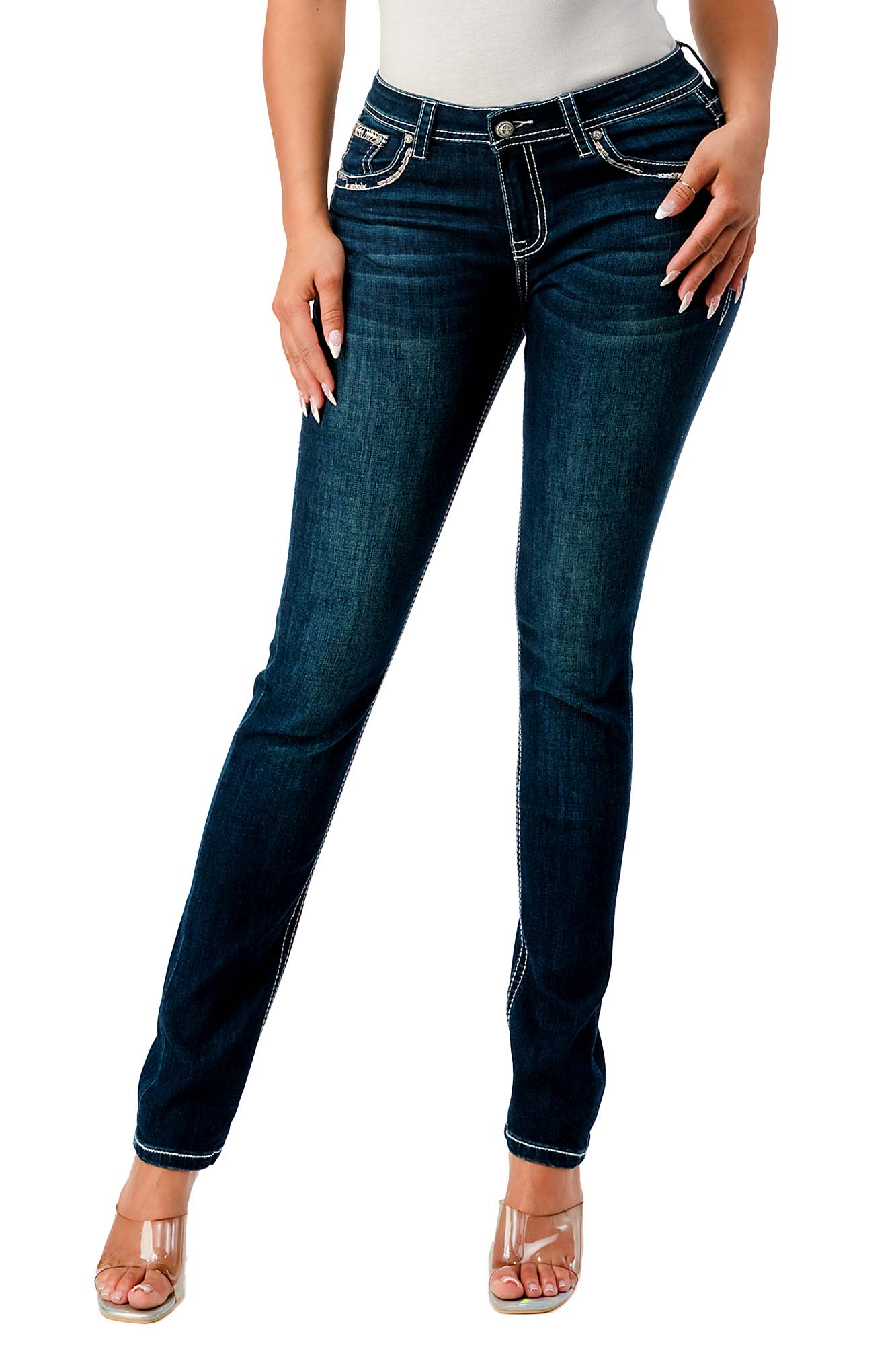 Grace in LA Women's Western Steer Head Embellished Mid Rise Skinny Jeans