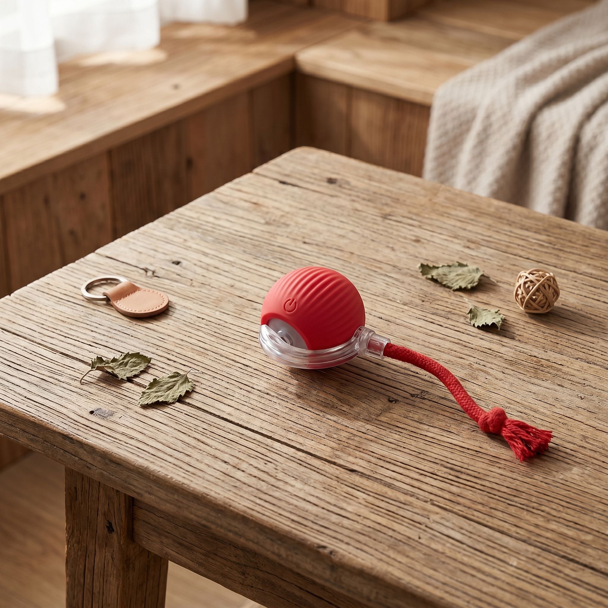 Overhead shot of a small silicone cat toy with faux tail on a wooden table with pet accessories, displaying surface details.