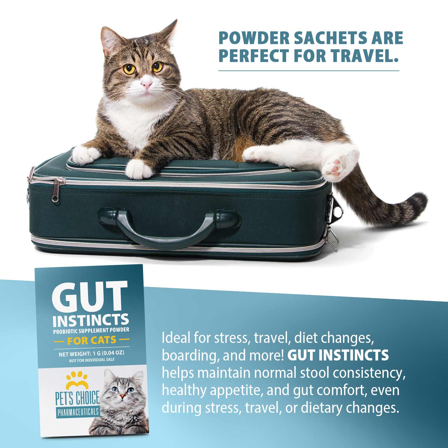 Pet’s Choice Gut Instincts Probiotic Supplement for Cats, Digestive & Immune Support, 30 Powder Packets, Made in USA