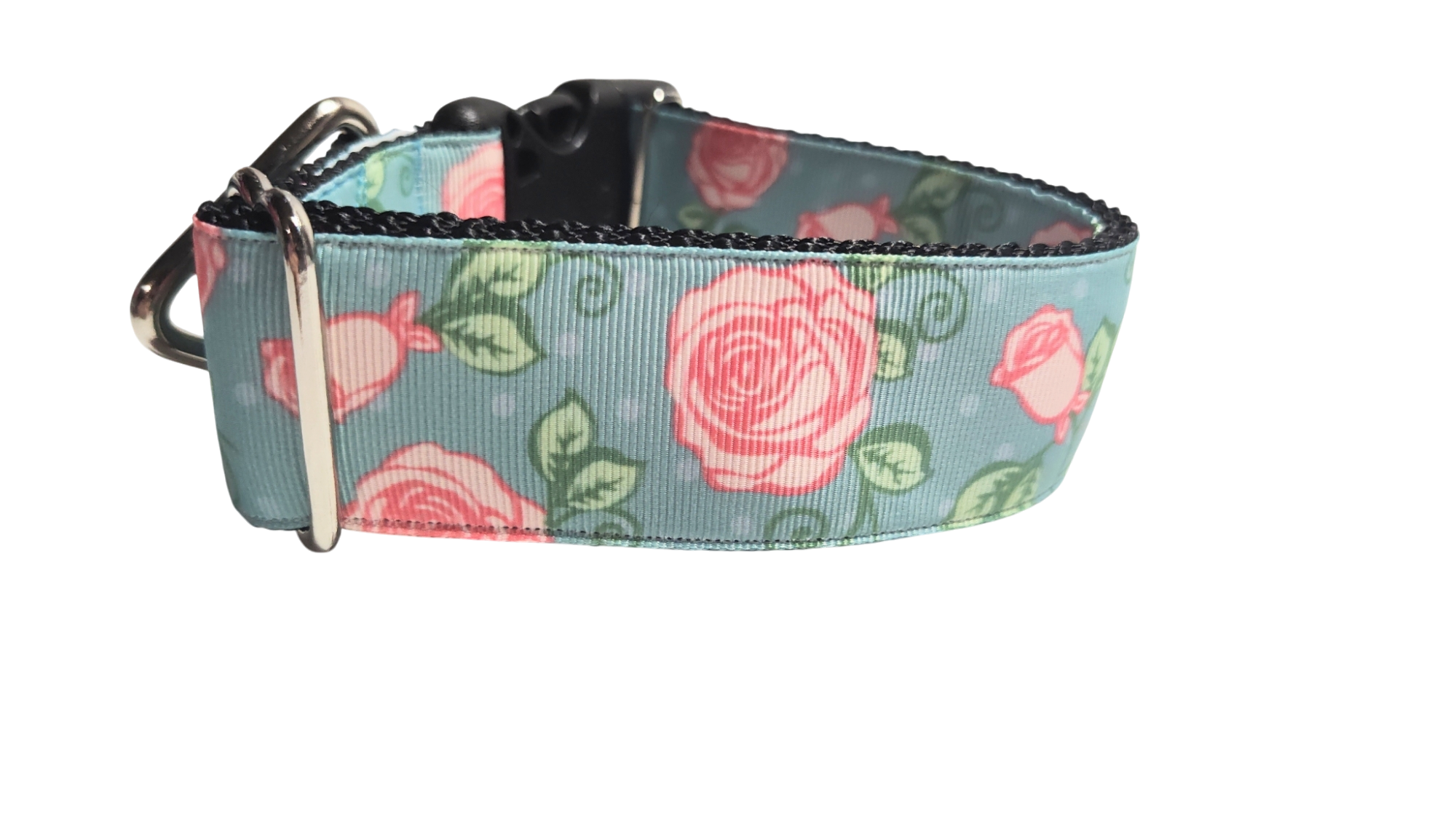1.5" Wide Roses on Blue Nylon Dog Collar