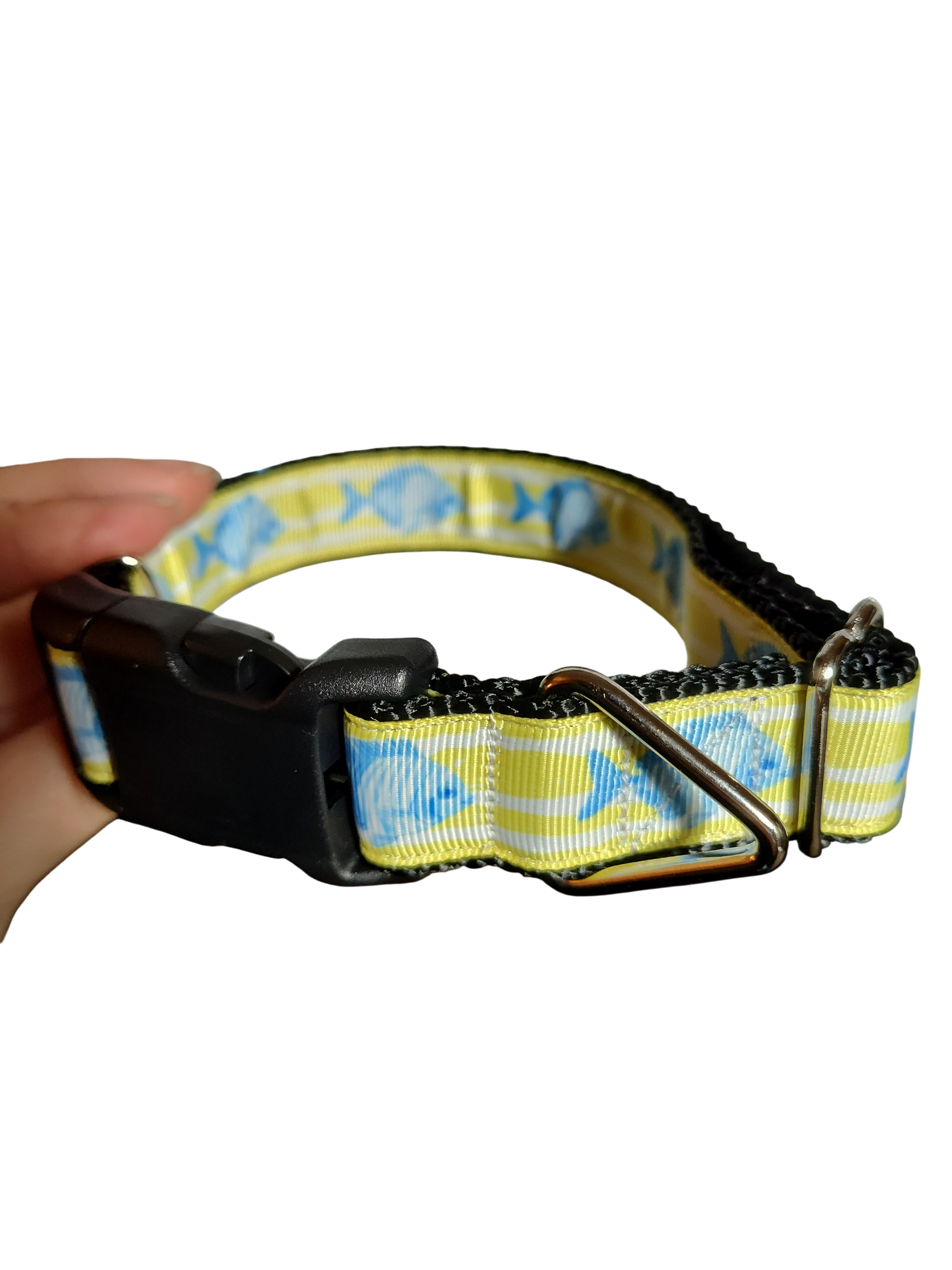 Fish On Yellow Stripes Nylon Dog Collar