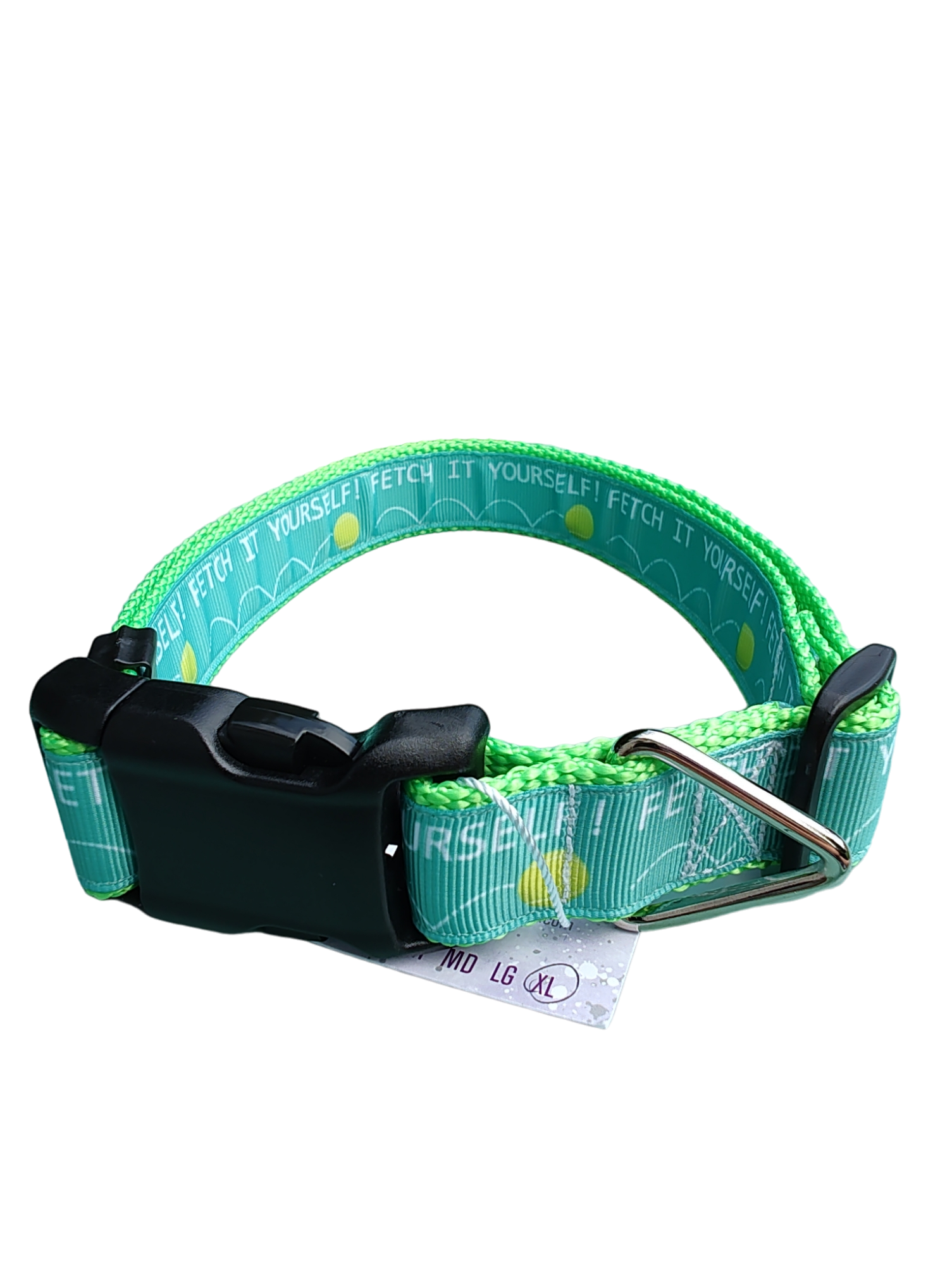 Fetch It Yourself! Neon Green Nylon Dog Collar MD, LG, XL, Leash