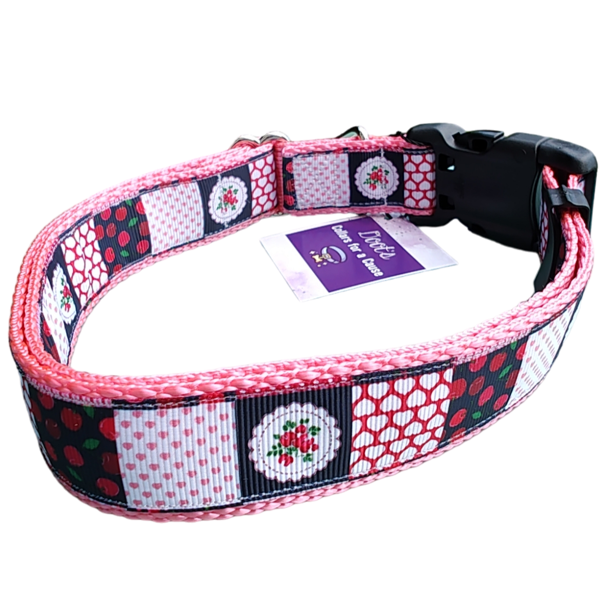 Patchwork Cherries Pink Nylon Dog Collar MD, LG, XL, Leash