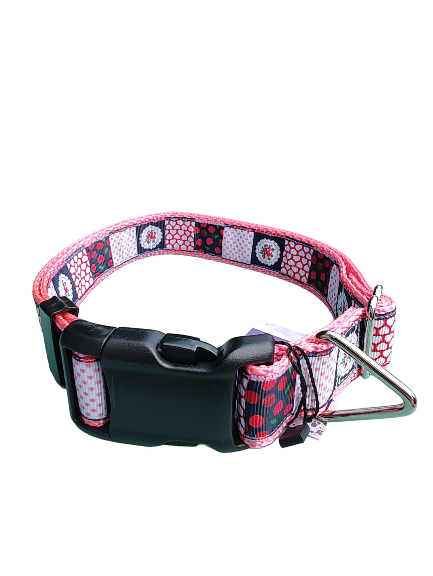 Patchwork Cherries Pink Nylon Dog Collar MD, LG, XL, Leash