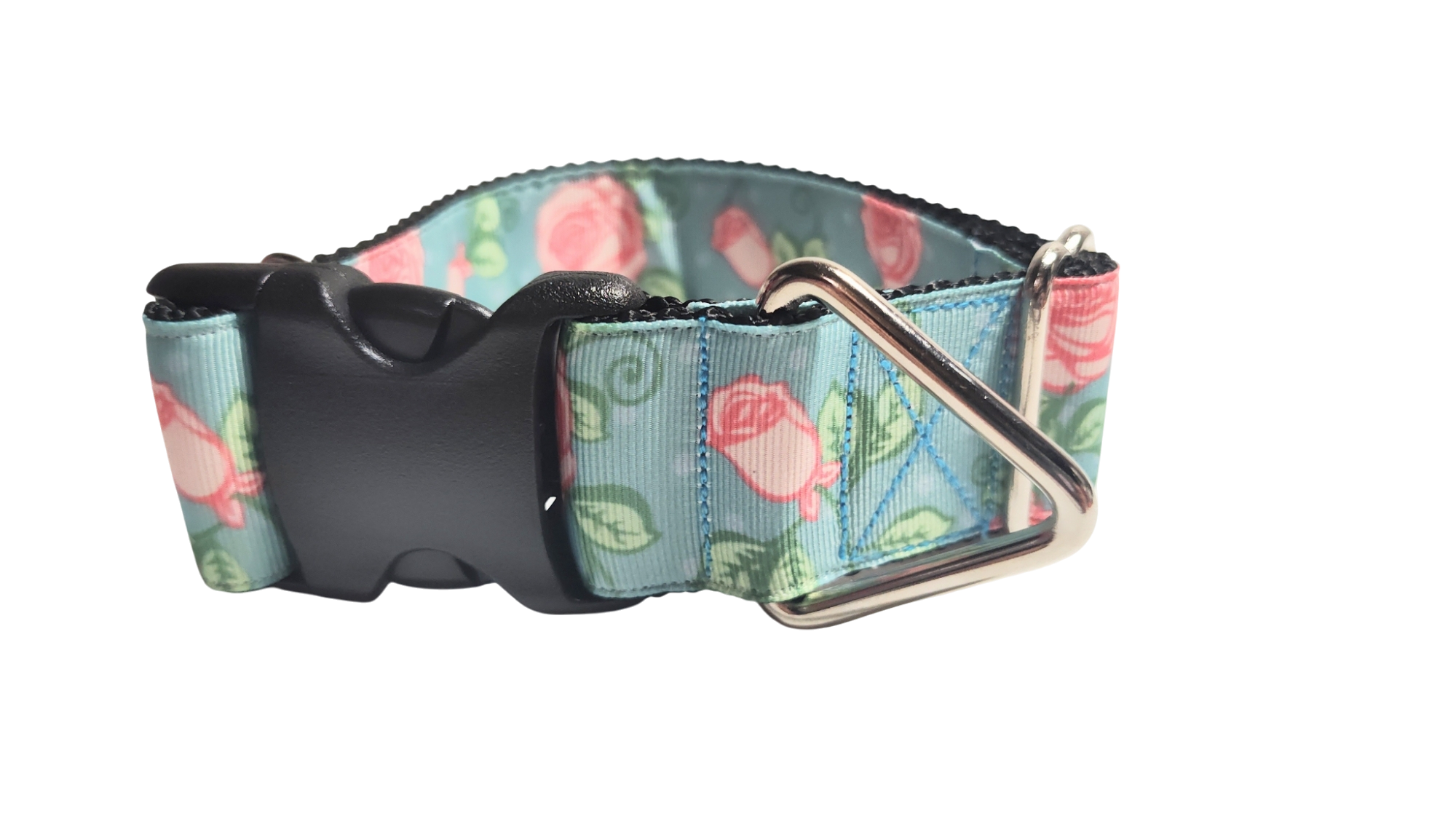 1.5" Wide Roses on Blue Nylon Dog Collar
