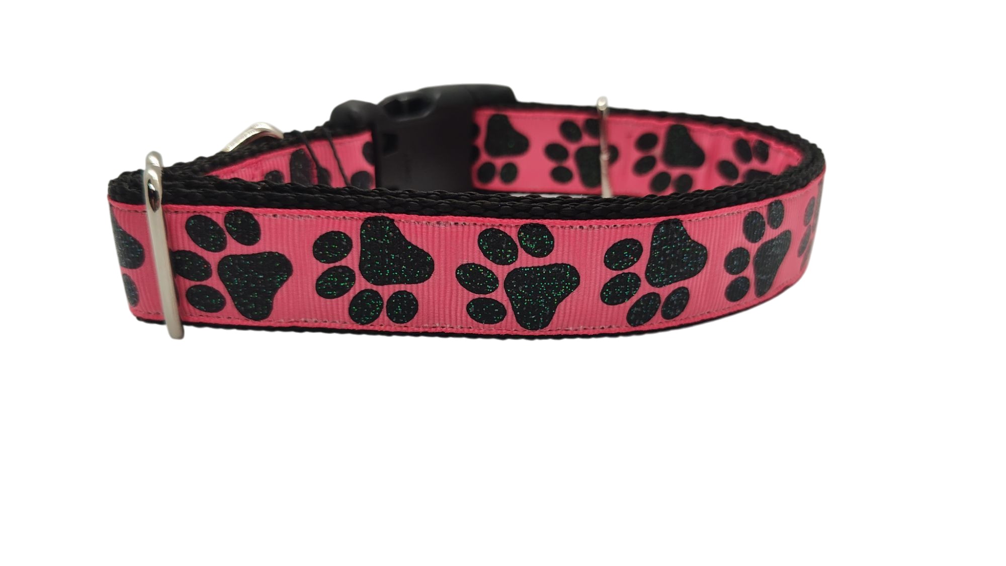 Black Glitter Paws On Pink Nylon Dog Collar