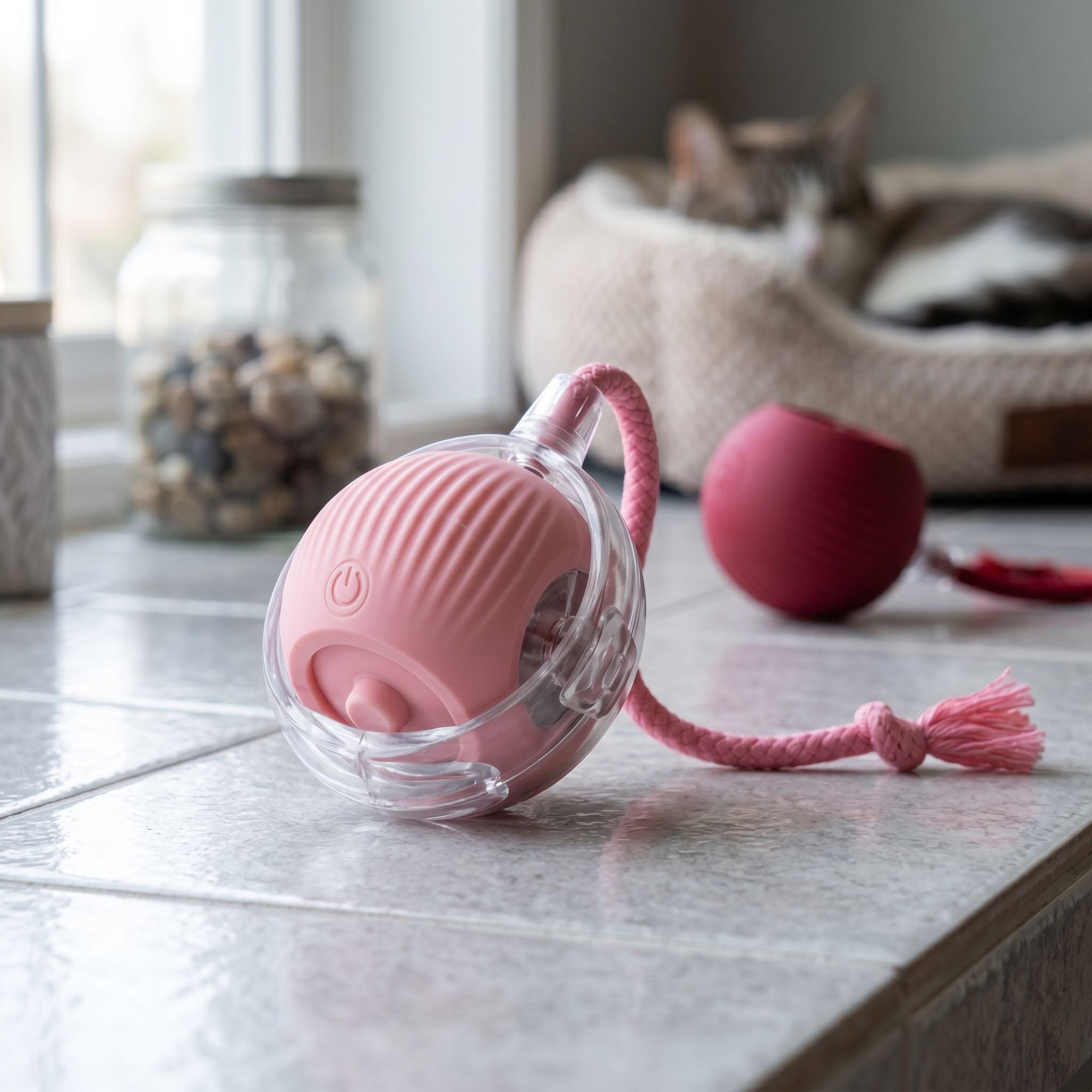 Side profile of a small silicone cat interactive ball on a ceramic tile surface, emphasizing size and texture in a home environment.
